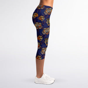 Blue Tiger Tattoo Pattern Print Women's Capri Leggings