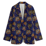 Blue Tiger Tattoo Pattern Print Women's Cotton Blazer