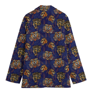 Blue Tiger Tattoo Pattern Print Women's Cotton Blazer