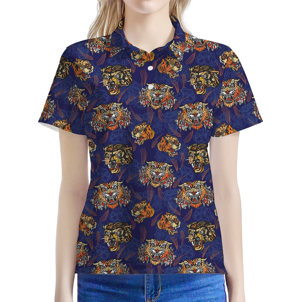 Blue Tiger Tattoo Pattern Print Women's Polo Shirt