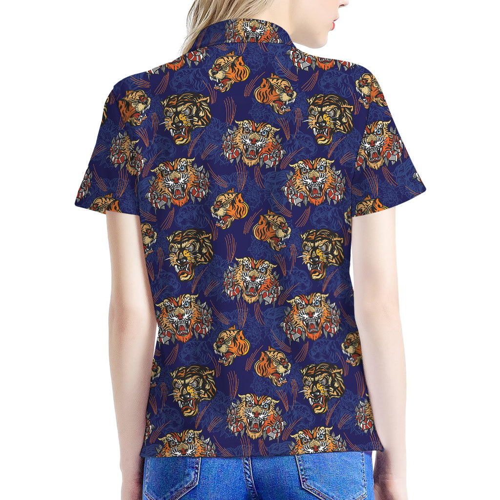 Blue Tiger Tattoo Pattern Print Women's Polo Shirt