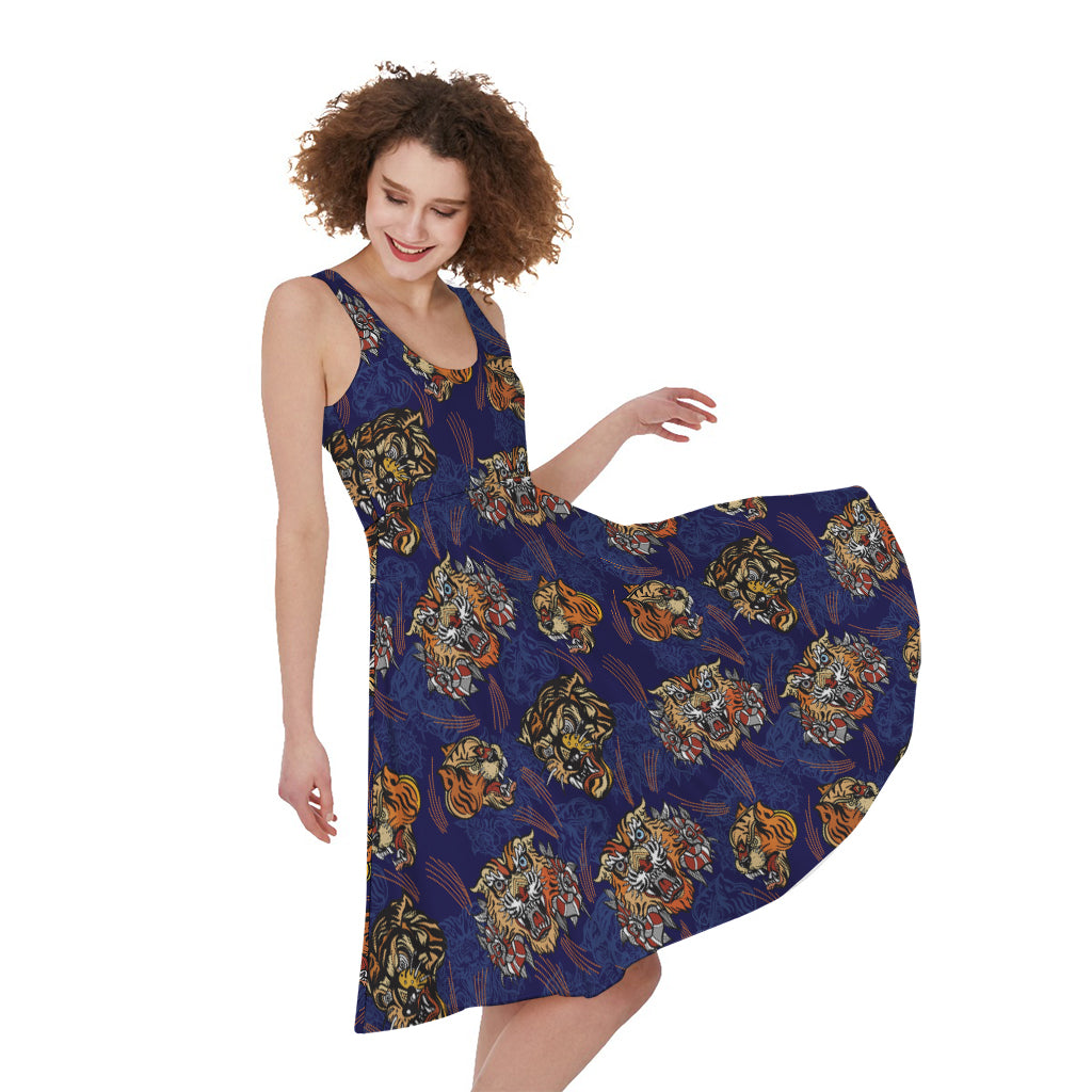 Blue Tiger Tattoo Pattern Print Women's Sleeveless Dress