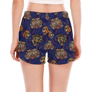 Blue Tiger Tattoo Pattern Print Women's Split Running Shorts