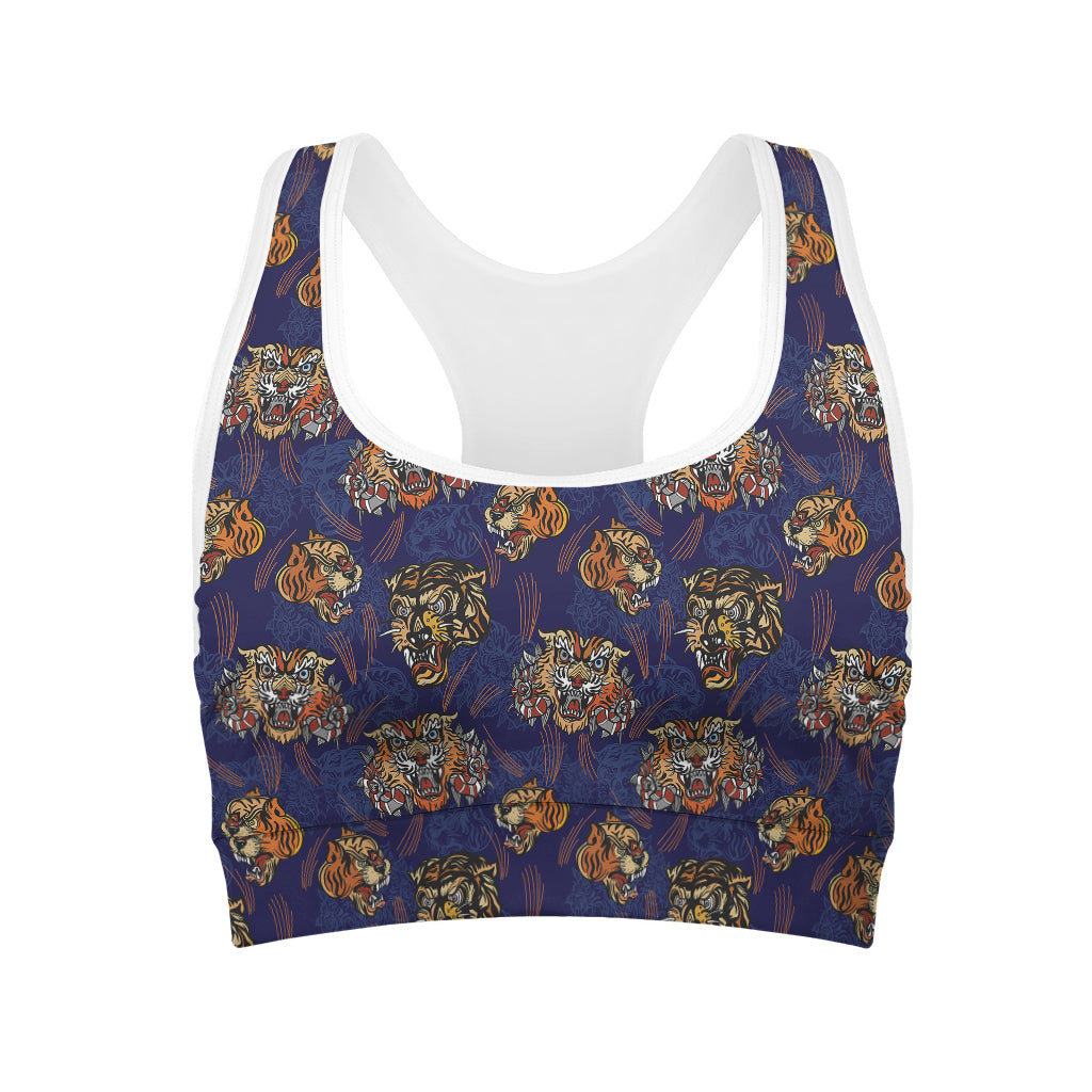 Blue Tiger Tattoo Pattern Print Women's Sports Bra