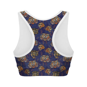 Blue Tiger Tattoo Pattern Print Women's Sports Bra