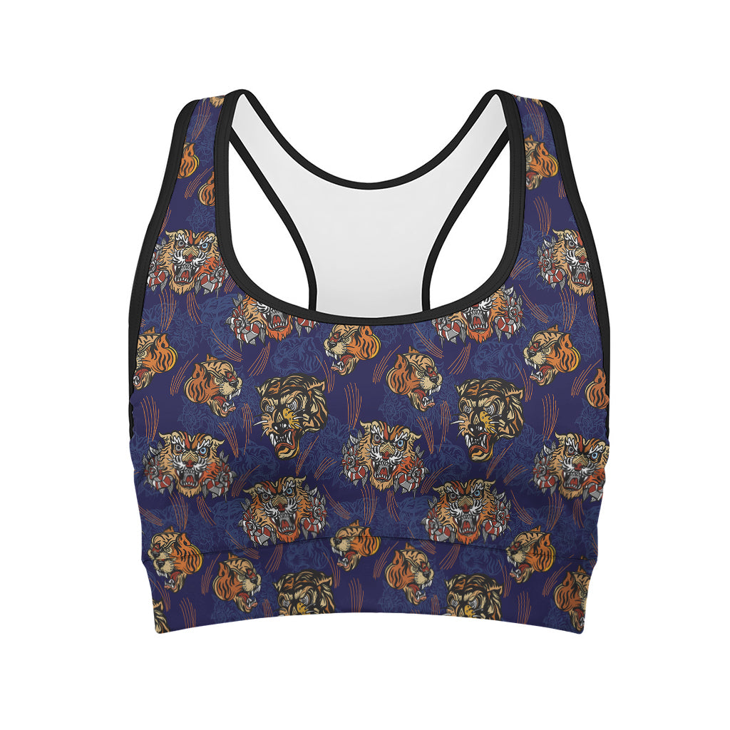 Blue Tiger Tattoo Pattern Print Women's Sports Bra