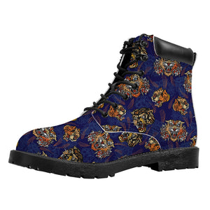 Blue Tiger Tattoo Pattern Print Work Boots