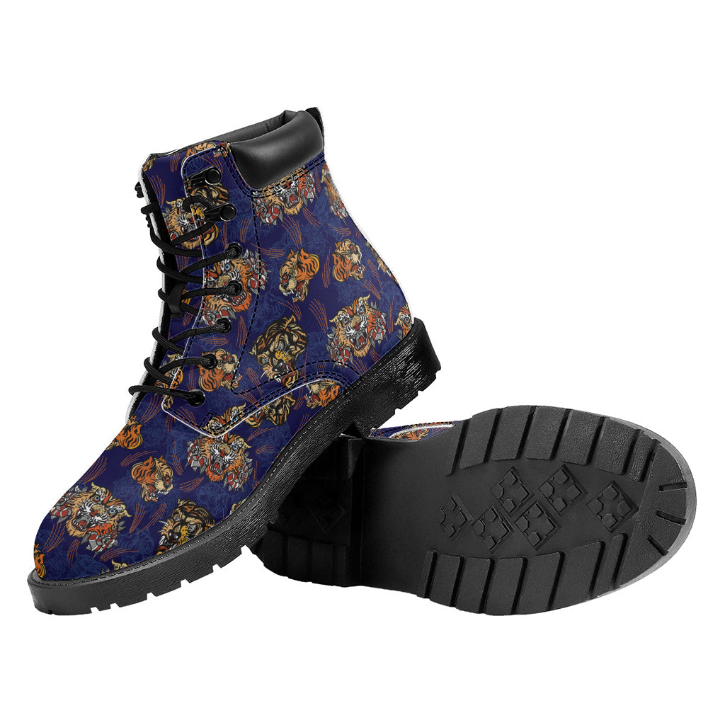 Blue Tiger Tattoo Pattern Print Work Boots