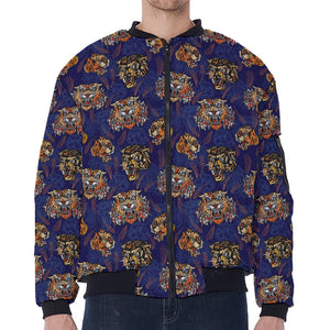 Blue Tiger Tattoo Pattern Print Zip Sleeve Bomber Jacket