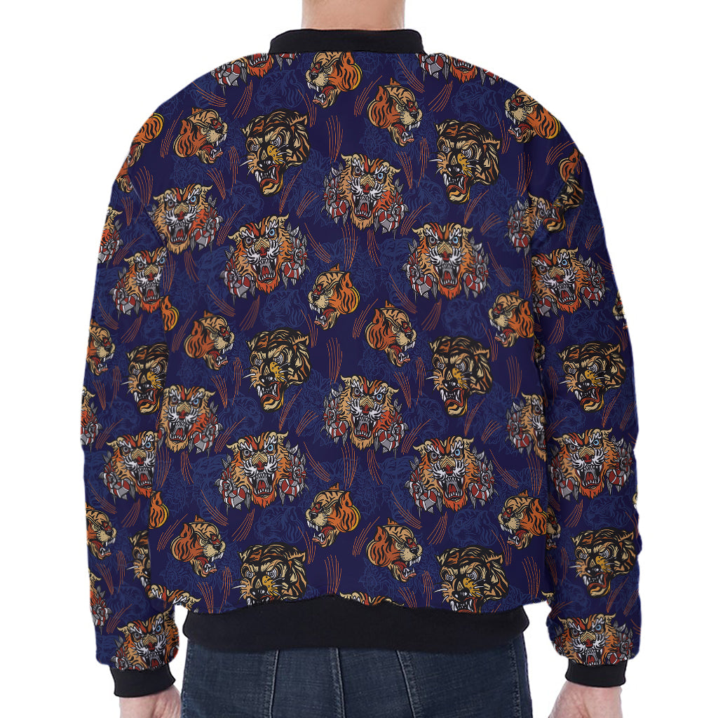 Blue Tiger Tattoo Pattern Print Zip Sleeve Bomber Jacket