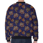 Blue Tiger Tattoo Pattern Print Zip Sleeve Bomber Jacket