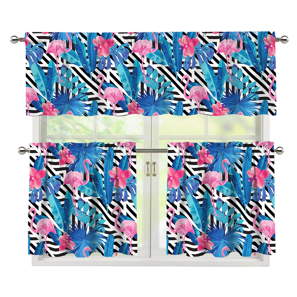 Blue Tropical And Pink Flamingo Print 3 Piece Kitchen Curtains