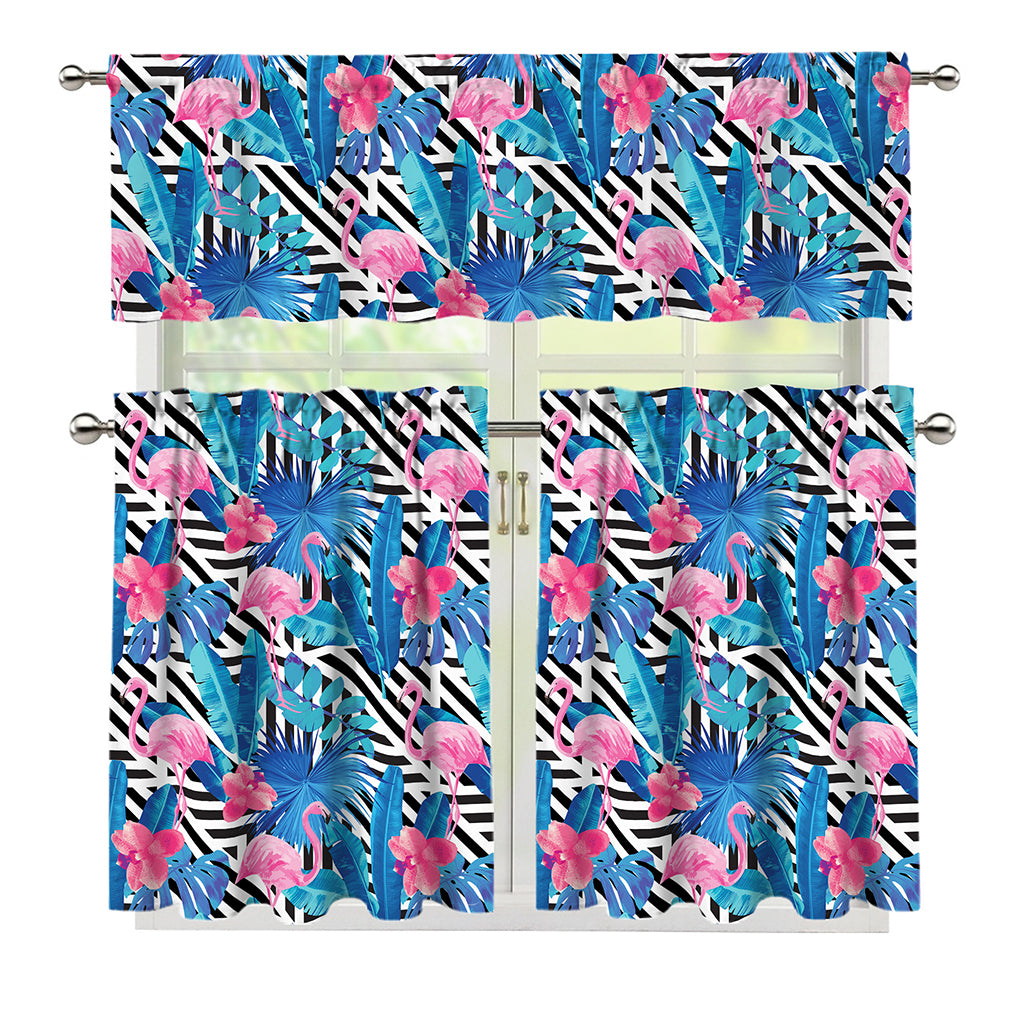 Blue Tropical And Pink Flamingo Print 3 Piece Kitchen Curtains