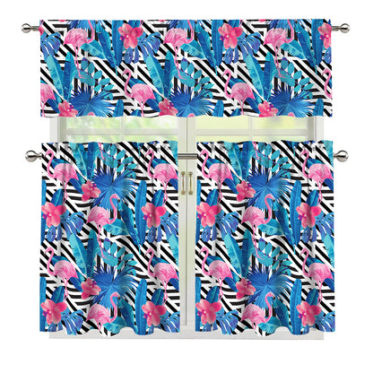 Blue Tropical And Pink Flamingo Print 3 Piece Kitchen Curtains