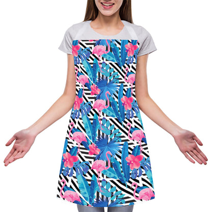 Blue Tropical And Pink Flamingo Print Adjustable Apron