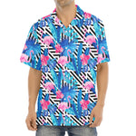 Blue Tropical And Pink Flamingo Print Aloha Shirt