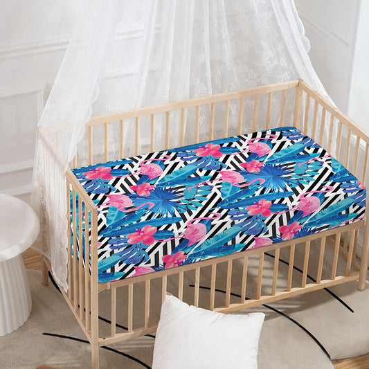 Blue Tropical And Pink Flamingo Print Baby Crib Sheet