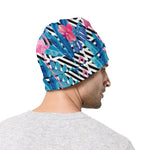 Blue Tropical And Pink Flamingo Print Beanie