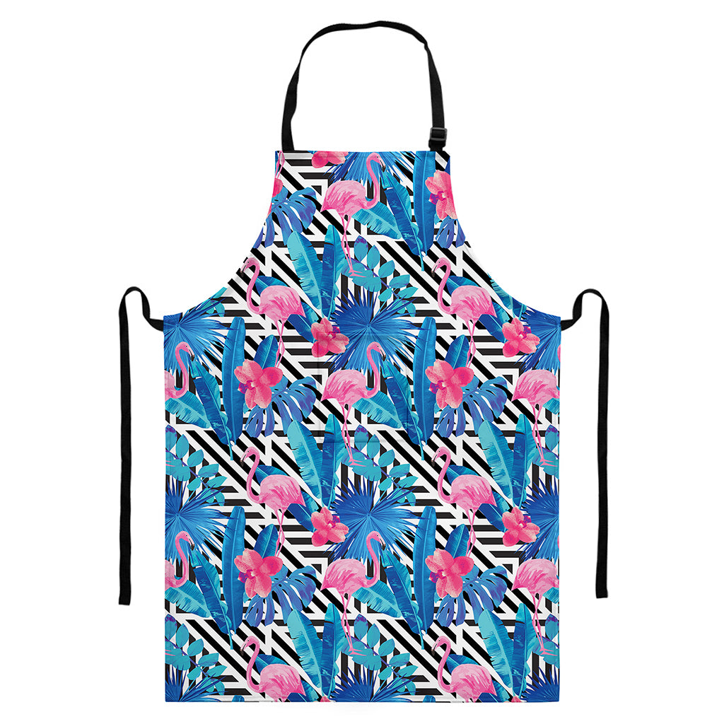 Blue Tropical And Pink Flamingo Print Bib Apron With Pocket