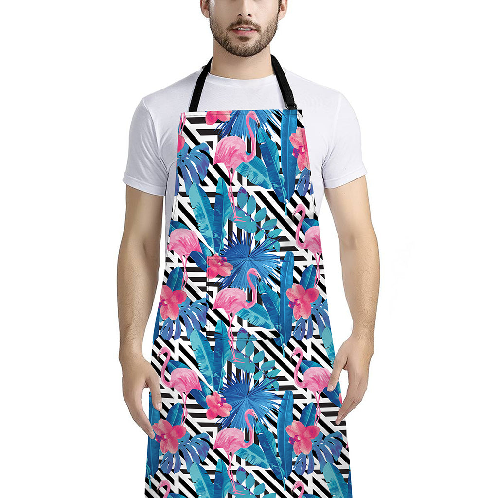 Blue Tropical And Pink Flamingo Print Bib Apron With Pocket