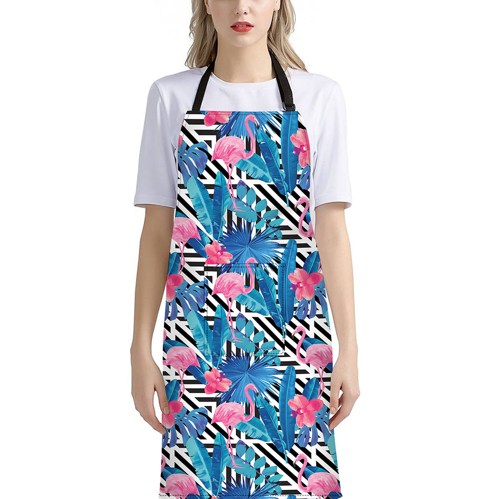Blue Tropical And Pink Flamingo Print Bib Apron With Pocket