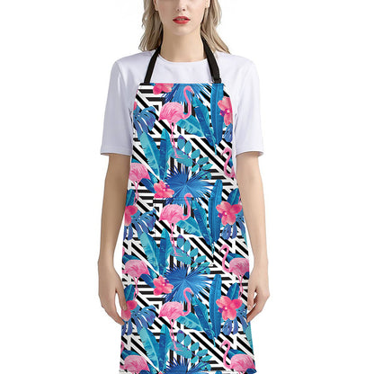 Blue Tropical And Pink Flamingo Print Bib Apron With Pocket