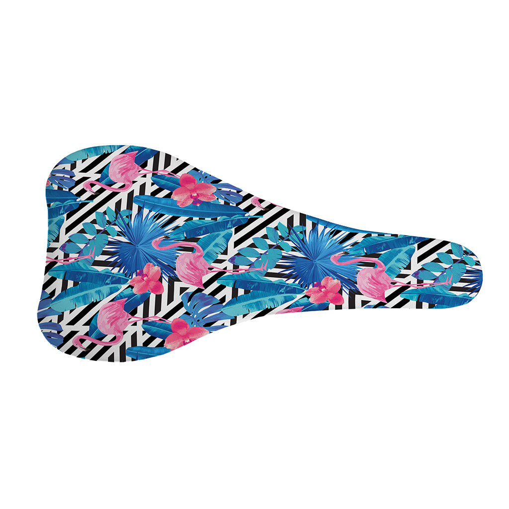 Blue Tropical And Pink Flamingo Print Bicycle Seat Cover