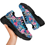 Blue Tropical And Pink Flamingo Print Black Chunky Shoes