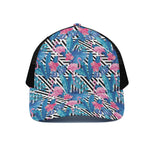 Blue Tropical And Pink Flamingo Print Black Mesh Trucker Cap