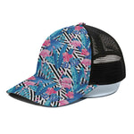 Blue Tropical And Pink Flamingo Print Black Mesh Trucker Cap