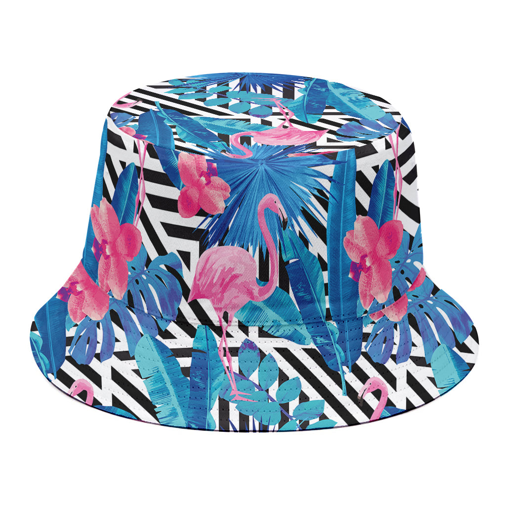 Blue Tropical And Pink Flamingo Print Bucket Hat