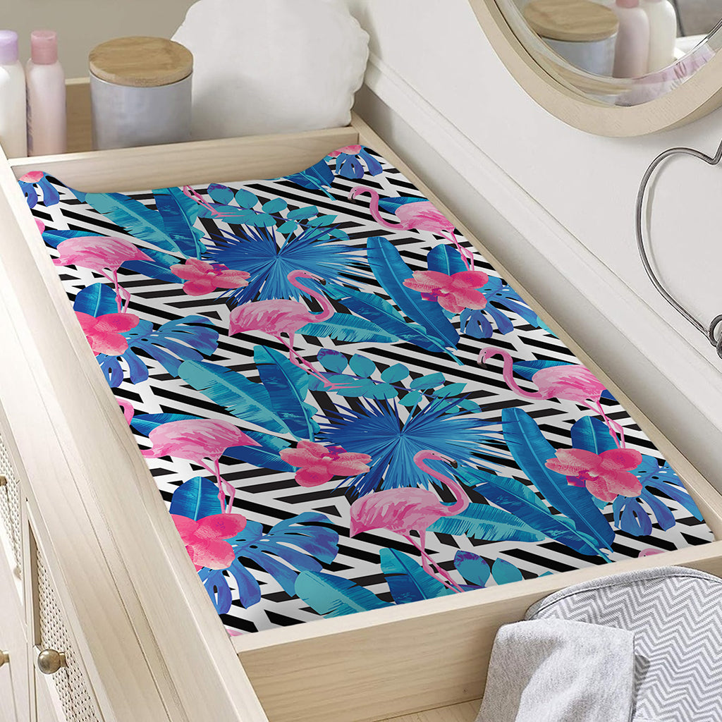 Blue Tropical And Pink Flamingo Print Changing Pad Cover