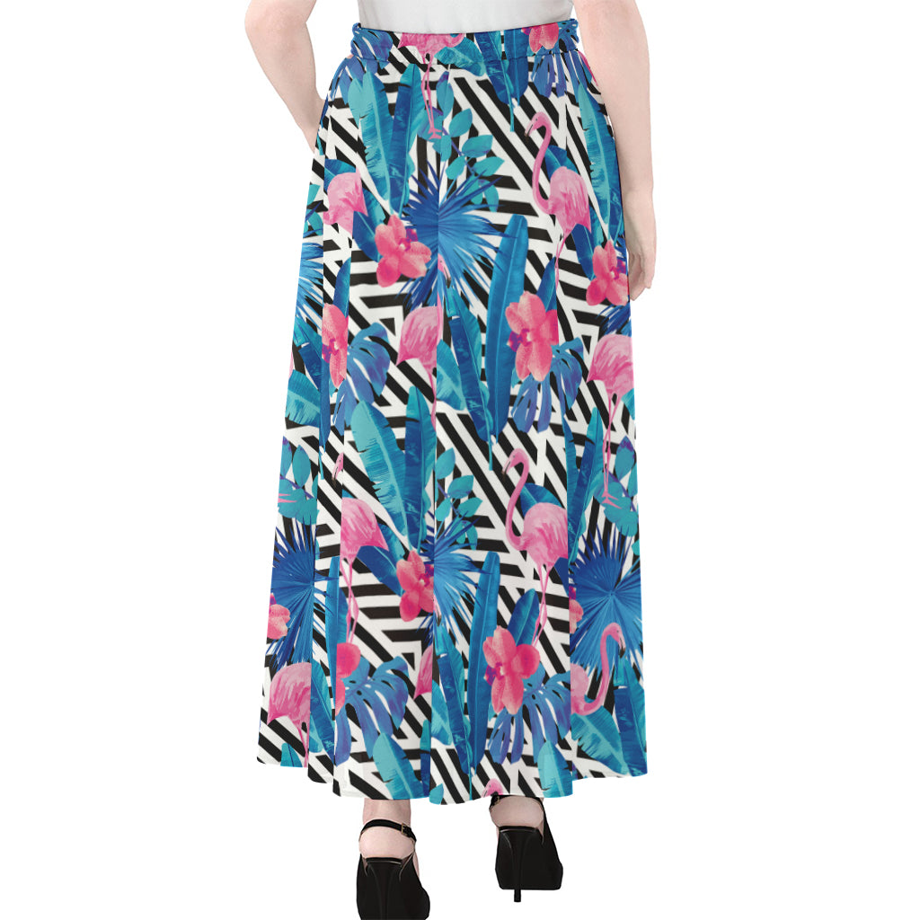 Blue Tropical And Pink Flamingo Print Chiffon Maxi Skirt