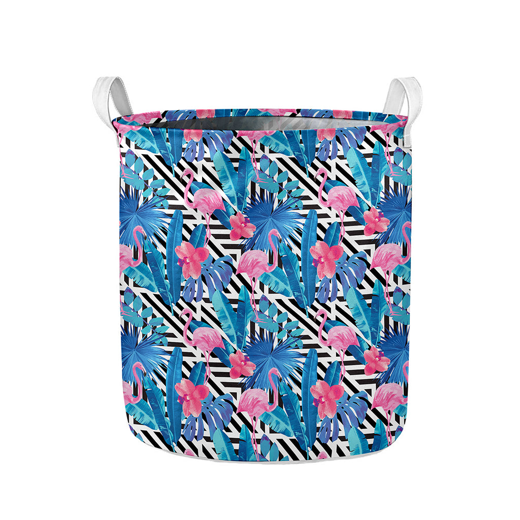 Blue Tropical And Pink Flamingo Print Collapsible Laundry Basket