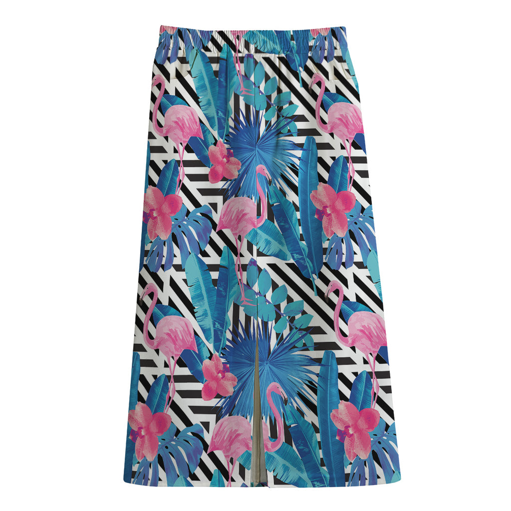 Blue Tropical And Pink Flamingo Print Cotton Front Slit Maxi Skirt