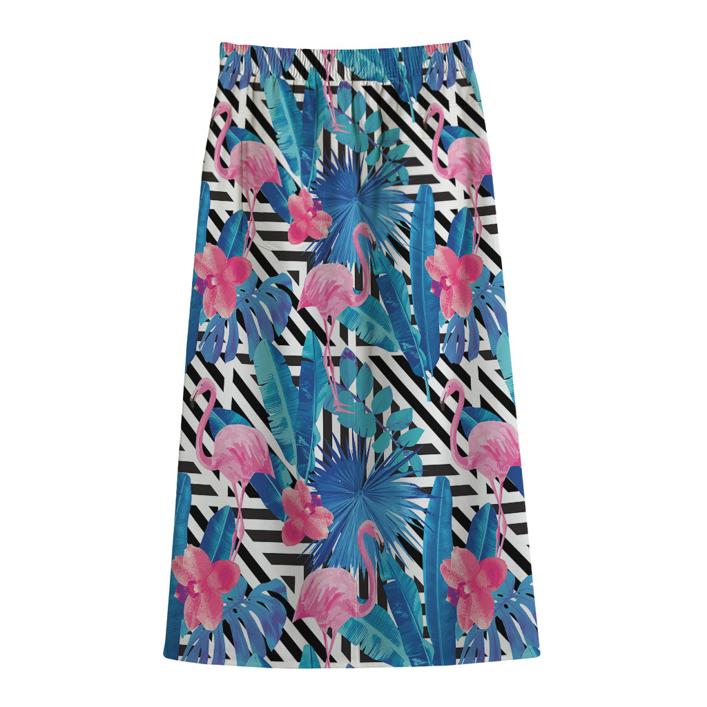 Blue Tropical And Pink Flamingo Print Cotton Front Slit Maxi Skirt