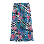 Blue Tropical And Pink Flamingo Print Cotton Front Slit Maxi Skirt