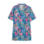 Blue Tropical And Pink Flamingo Print Cotton Hawaiian Shirt