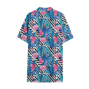 Blue Tropical And Pink Flamingo Print Cotton Hawaiian Shirt