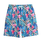 Blue Tropical And Pink Flamingo Print Cotton Shorts