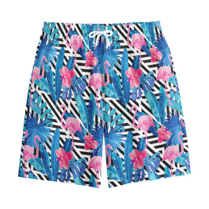 Blue Tropical And Pink Flamingo Print Cotton Shorts