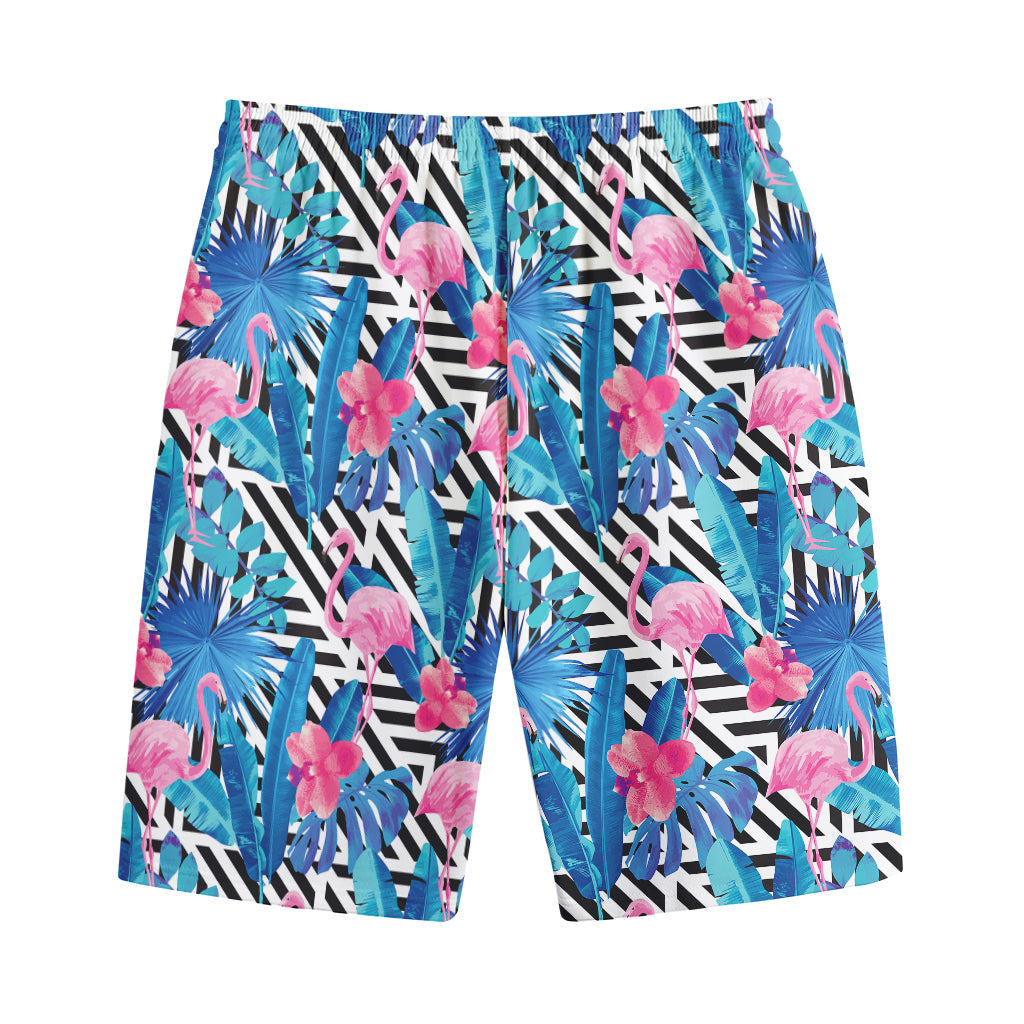 Blue Tropical And Pink Flamingo Print Cotton Shorts