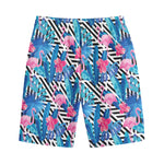 Blue Tropical And Pink Flamingo Print Cotton Shorts