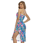 Blue Tropical And Pink Flamingo Print Cross Back Cami Dress