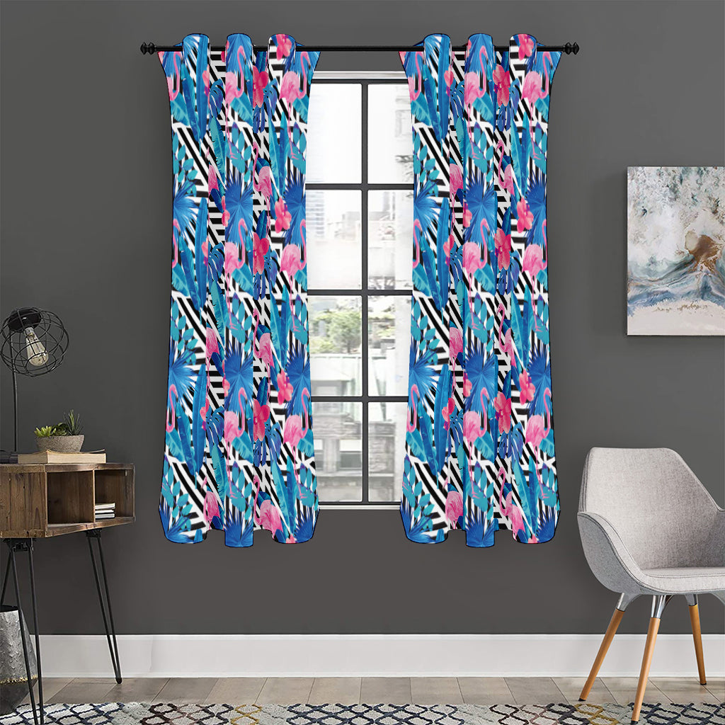 Blue Tropical And Pink Flamingo Print Curtain