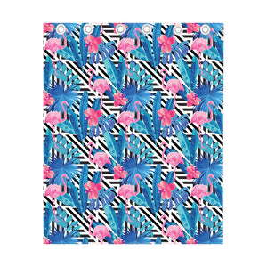 Blue Tropical And Pink Flamingo Print Curtain