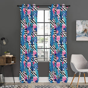 Blue Tropical And Pink Flamingo Print Curtain