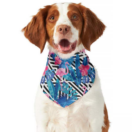 Blue Tropical And Pink Flamingo Print Dog Bandana