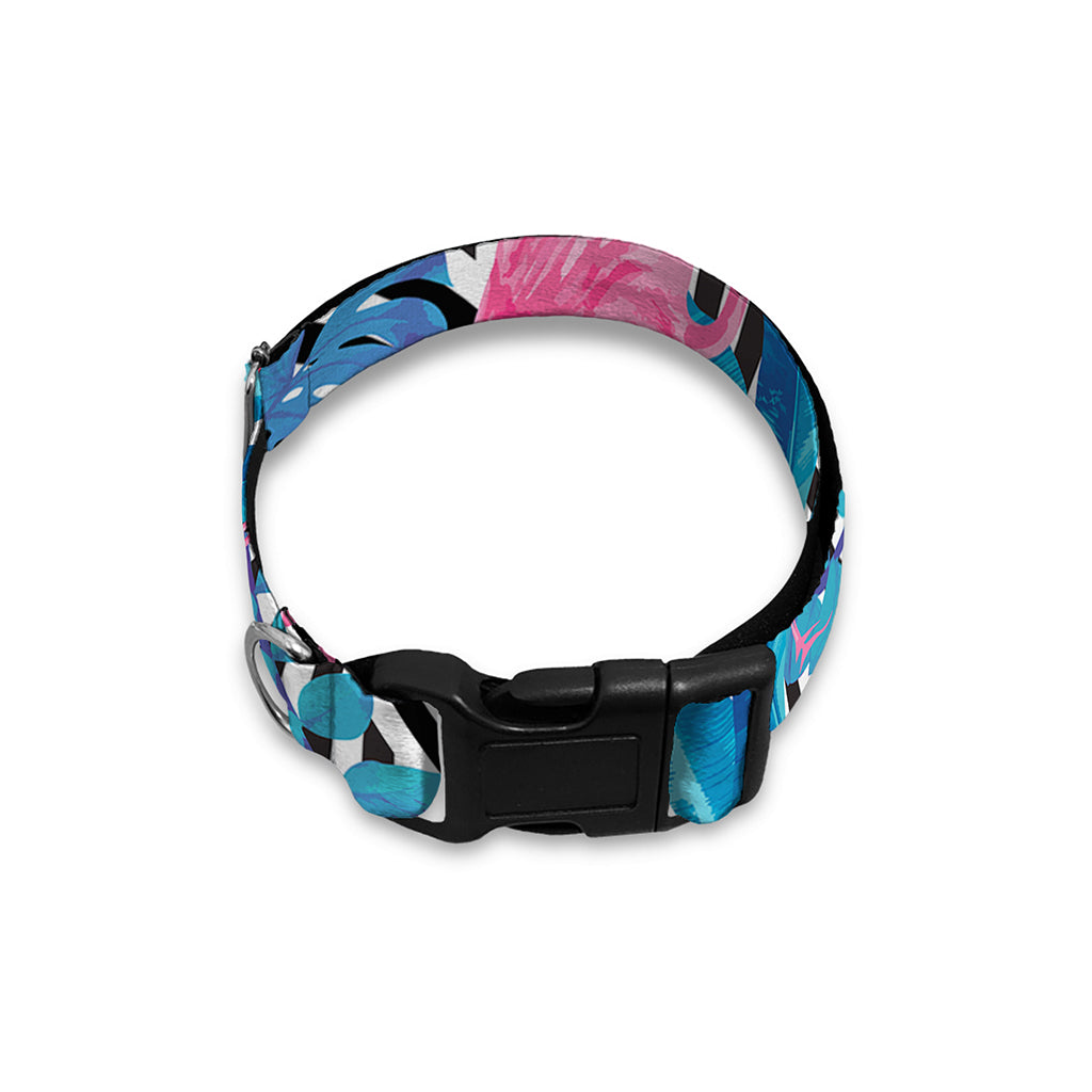 Blue Tropical And Pink Flamingo Print Dog Collar