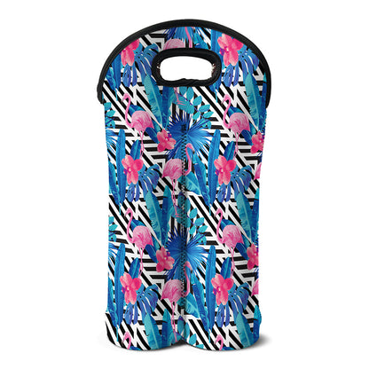 Blue Tropical And Pink Flamingo Print Double Neoprene Wine Tote